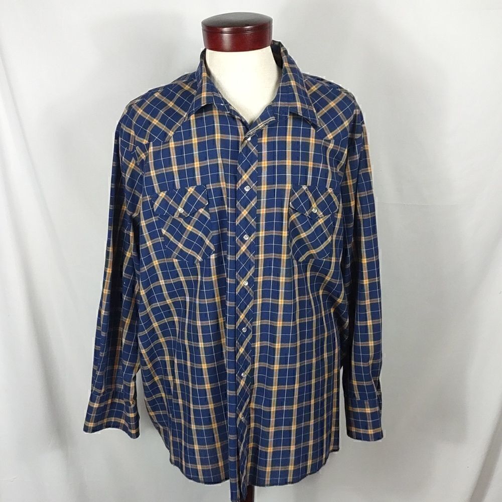 Wrangler Men's Blue & Gold Plaid Western Snap Shirt